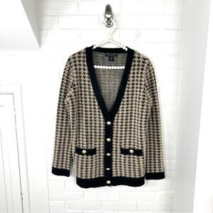 Tahari Brown Black Houndstooth Pattern Fuzzy Eyelash Cardigan Sweater Size S